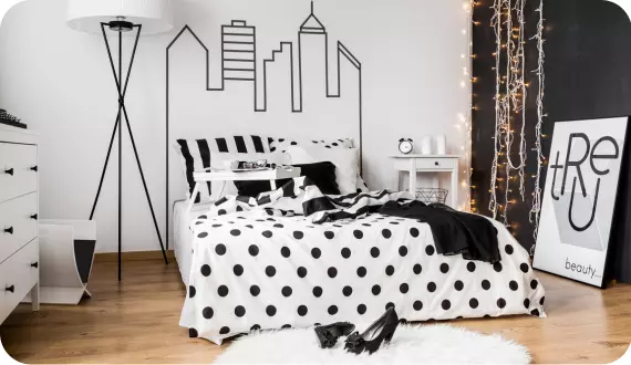 czarno-biała sypialnia